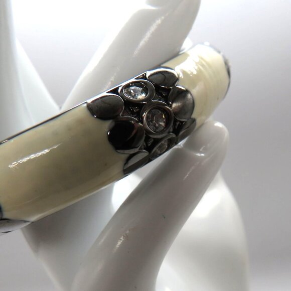 Enamel Bracelet Cream Gun Metal Gray Hinged Bangle Clear Rhinestone Accents - Picture 6 of 12